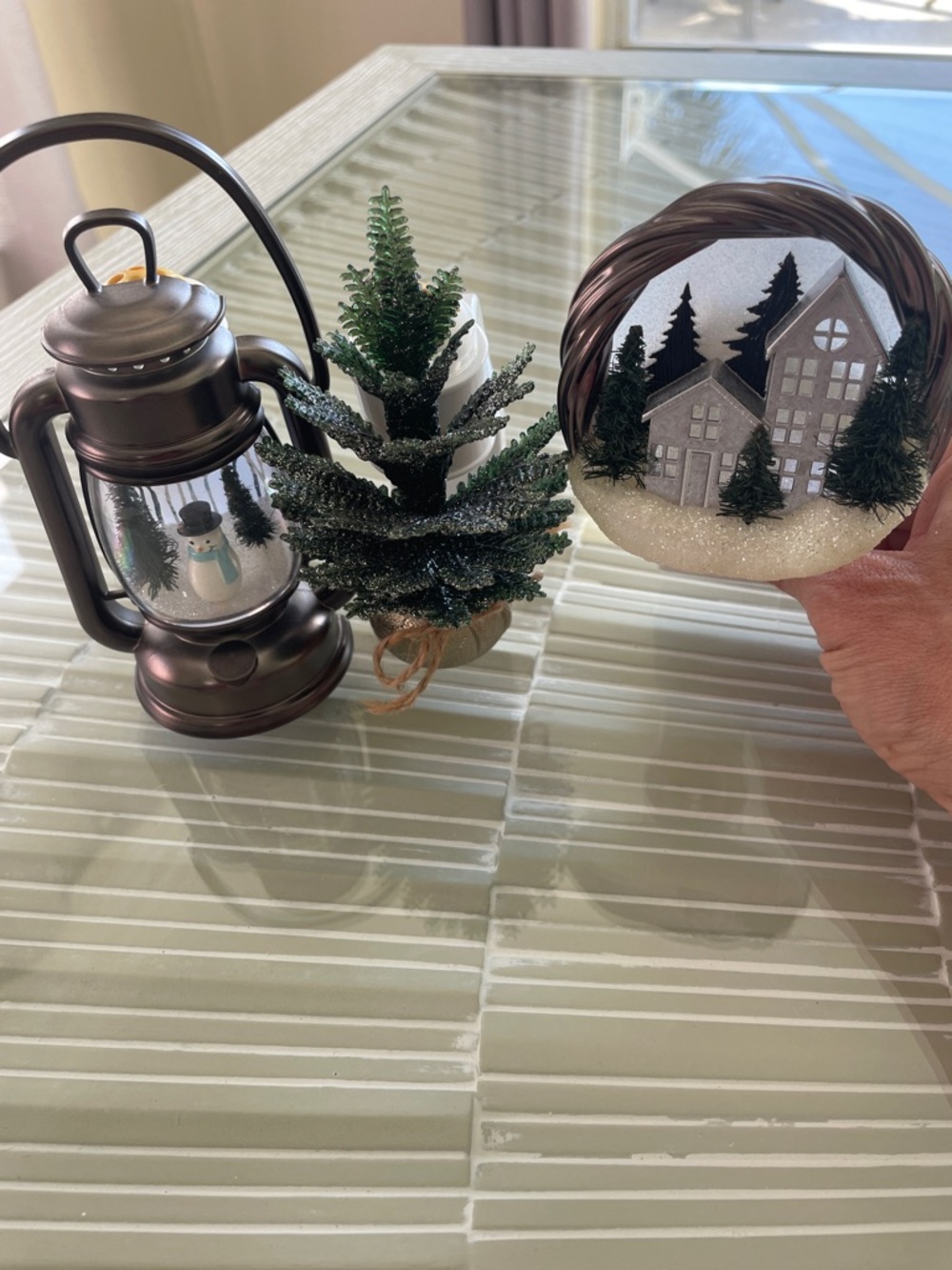 Wallflowers: Holiday Lantern, Mini Pine Tree & Snow Globe Set - Brown and Green